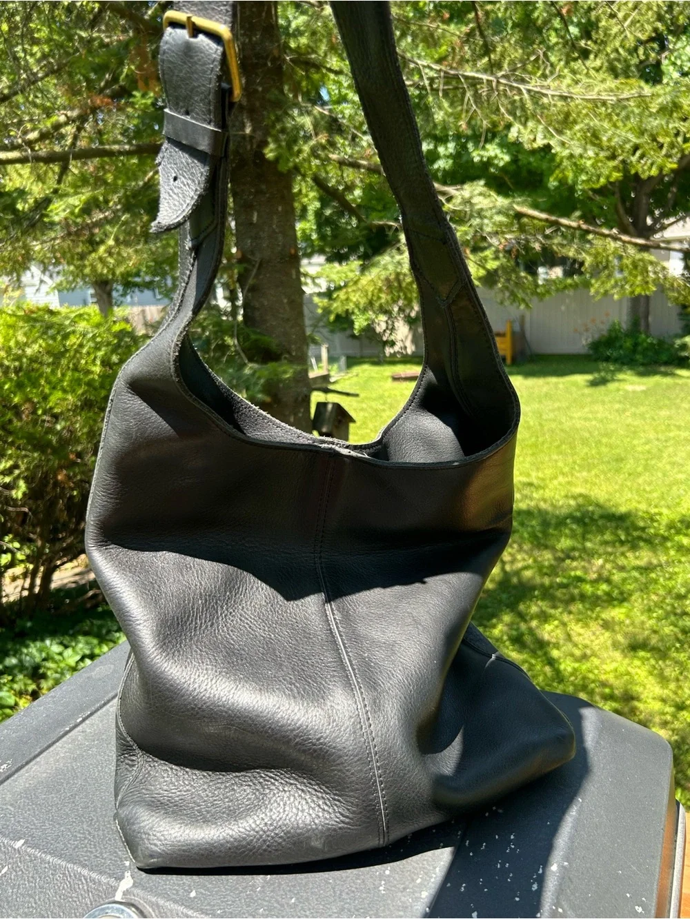 Black Leather Purse Shoulder Bag Hobo Pebbled Brass Heavy Travel